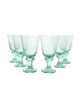 Vintage Set of 6 Green Swirl Optic Wine, Water or All Purpose Glasses 7” 14oz